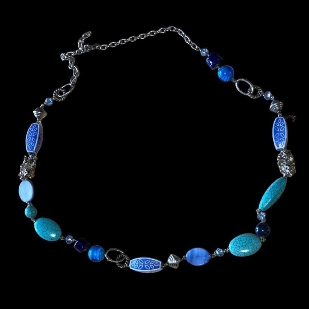 Premier Designs Blue Lagoon Turquoise Beaded Necklace Purple Silver Tone